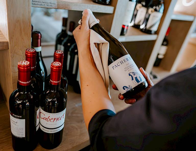 Persona tiene una bottiglia di vino bianco in un negozio di vini, circondata da diverse bottiglie di vino rosso sullo scaffale.