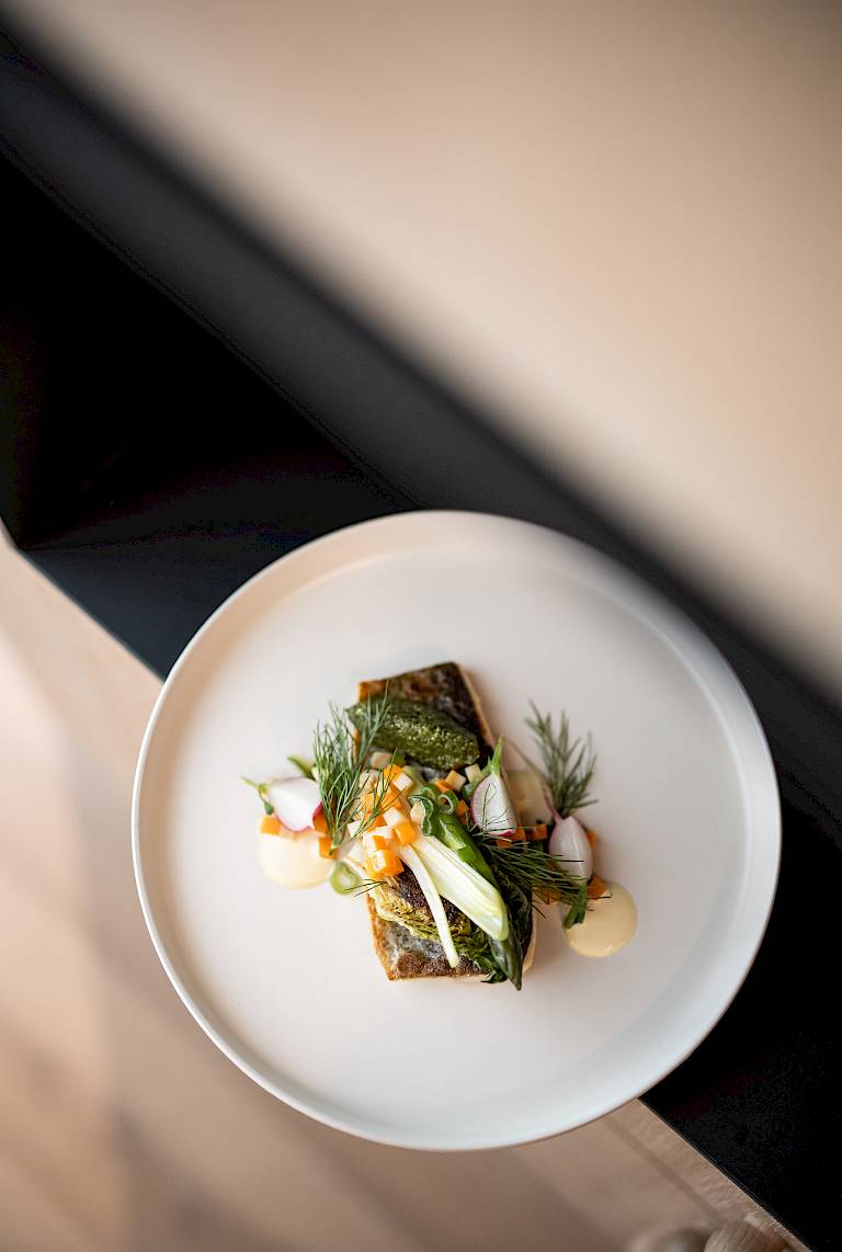 Un piatto di pesce elegantemente presentato su un piatto bianco, guarnito con erbe, ravanelli e salsa.