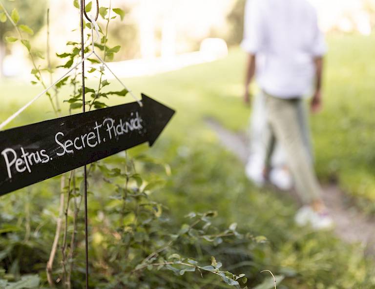 Un cartello scritto a mano con "Petrus Secret Picknick". Sullo sfondo, una persona cammina su un sentiero.