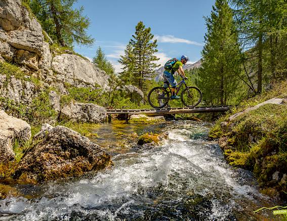 Ciclista attraversa un ponte stretto in un paesaggio montano pittoresco tra alberi e acqua corrente.