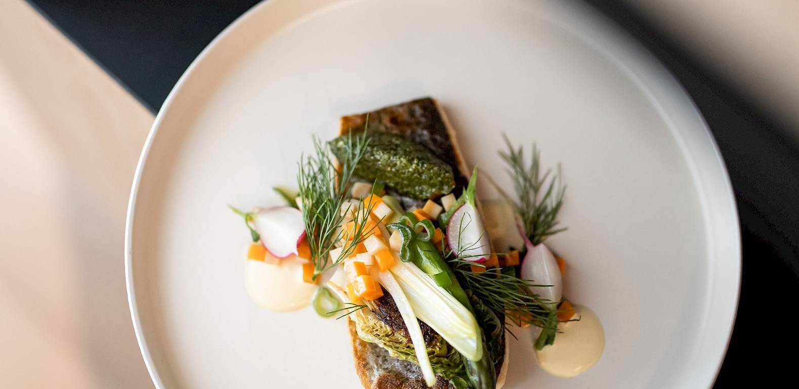 An artfully plated dish with fish fillet, spring onions, and garnishes on a white plate.