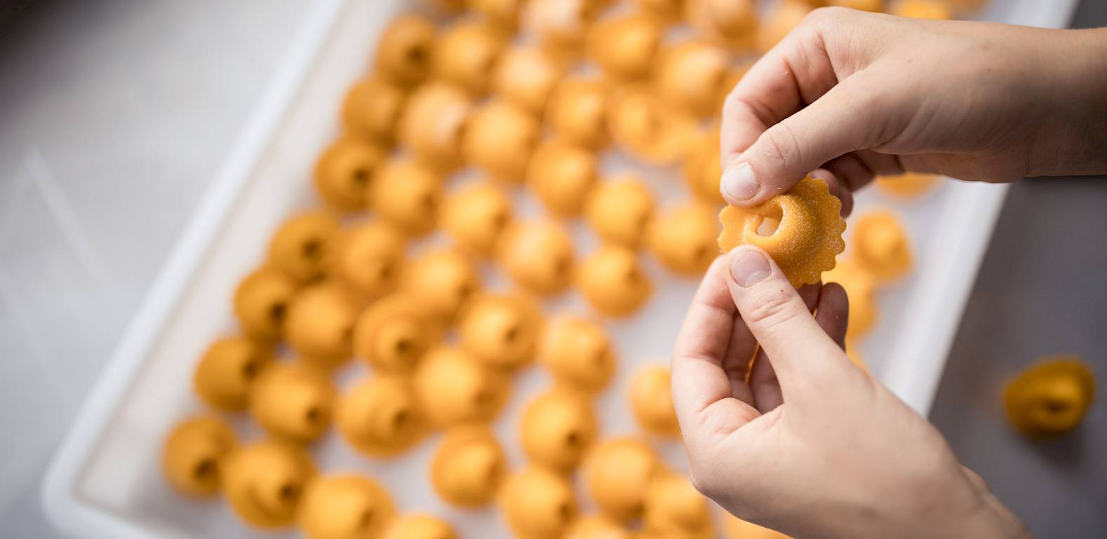 Hände formen frische Pasta auf einem Tablett, gefüllt mit vielen handgemachten Teigtaschen.