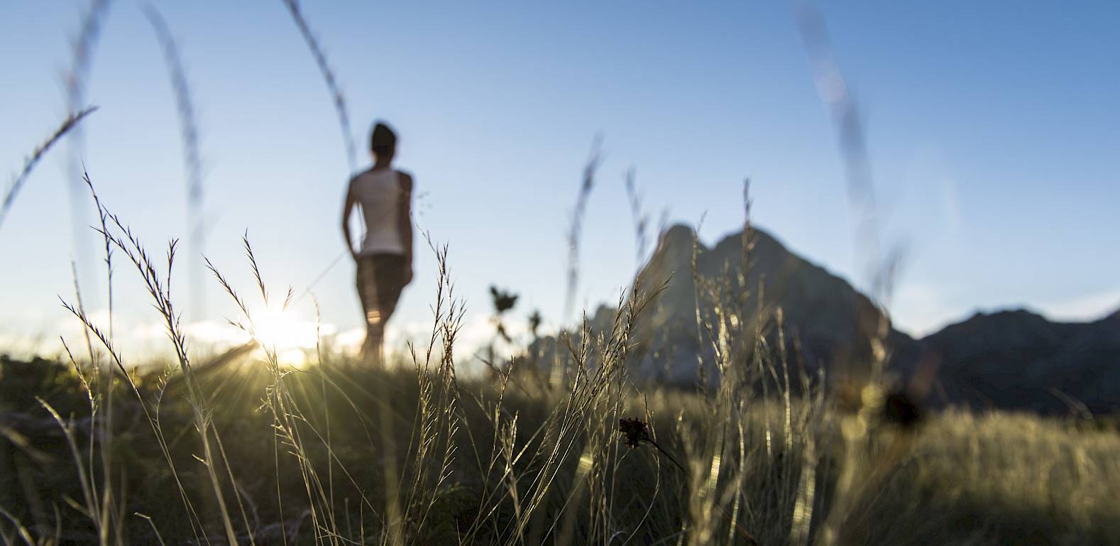 Eine Person steht in einer Wiese bei Sonnenuntergang, mit Berg im Hintergrund und Gras im Vordergrund.