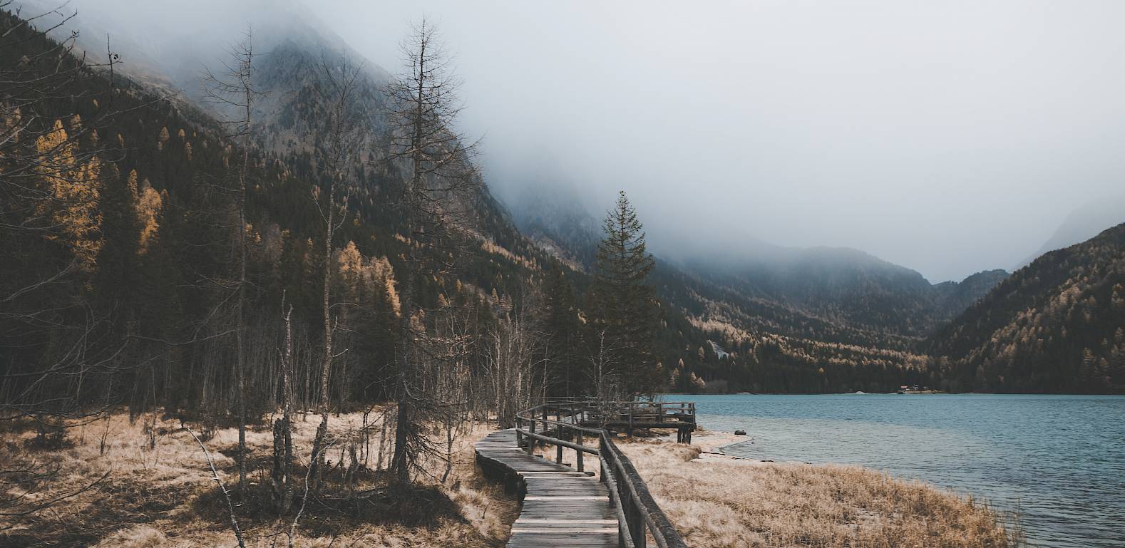 Sentiero di legno lungo un lago nebbioso con montagne sullo sfondo. Alberi sparsi costeggiano il percorso.