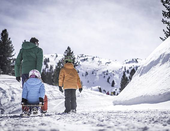 Adult and two children in winter clothes, pulling a sled in snowy mountains.