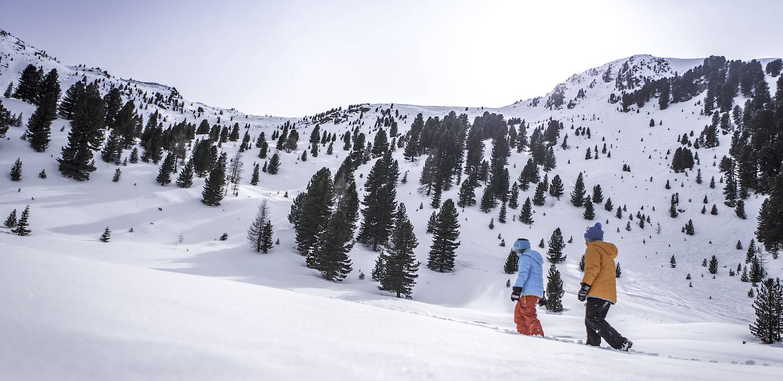 Two people hiking in the snow, surrounded by snowy mountains and trees, with a bright sky in the background.