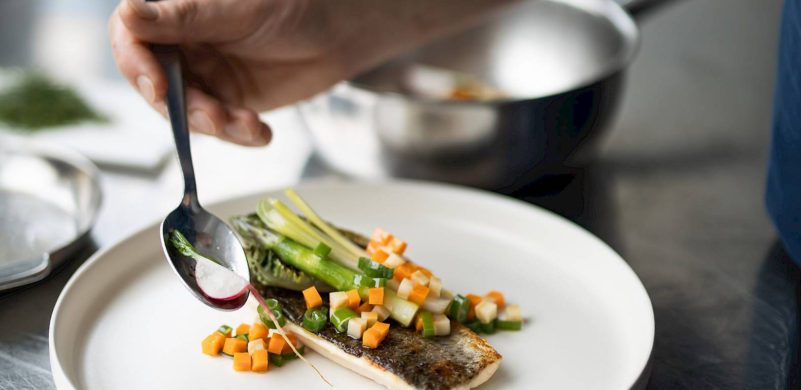 Persona impiatta un piatto gourmet con verdure su un piatto bianco.