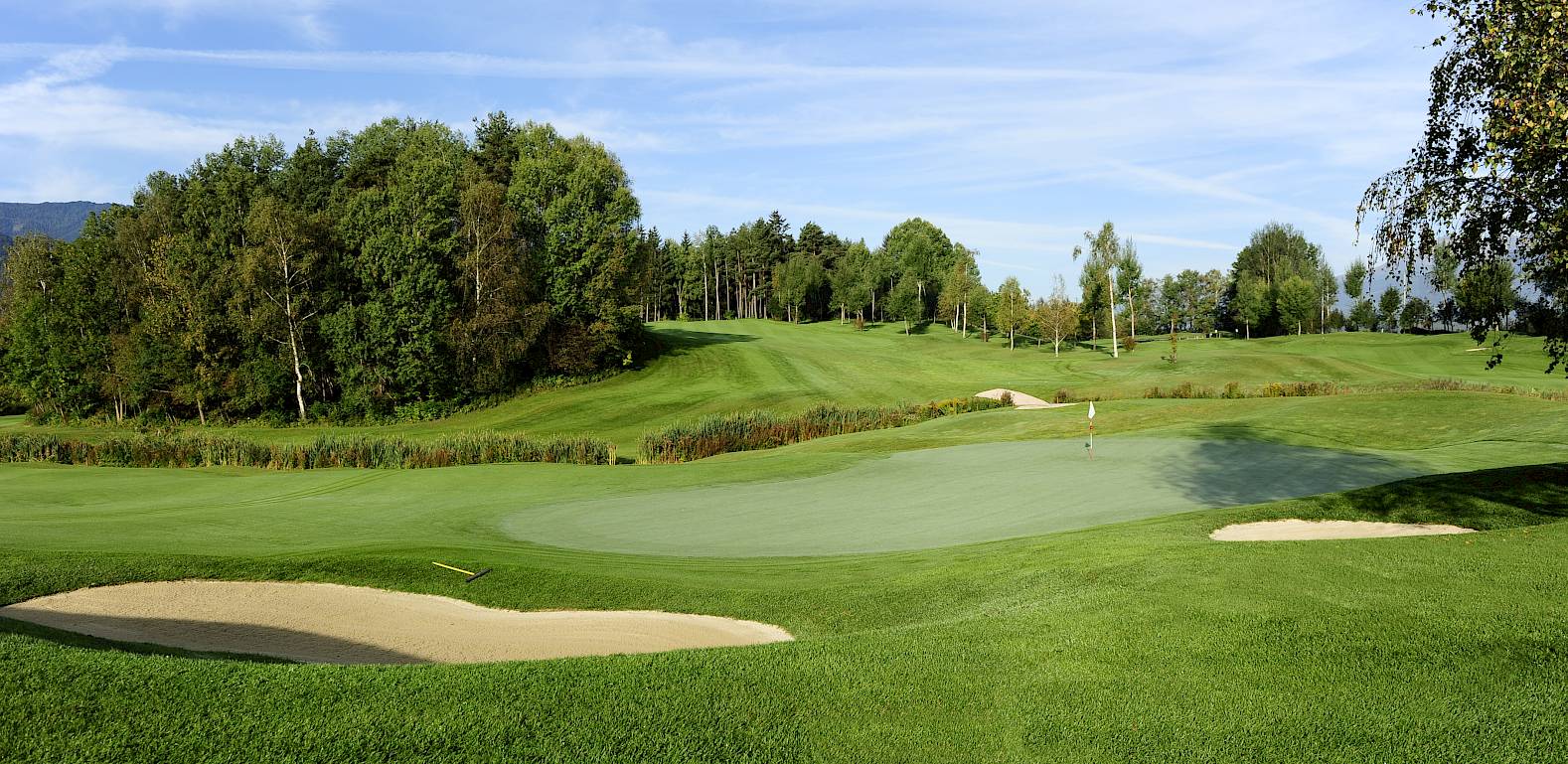 Grüne Golfanlage mit Sandbunkern, umgeben von Bäumen und blauem Himmel im Hintergrund.