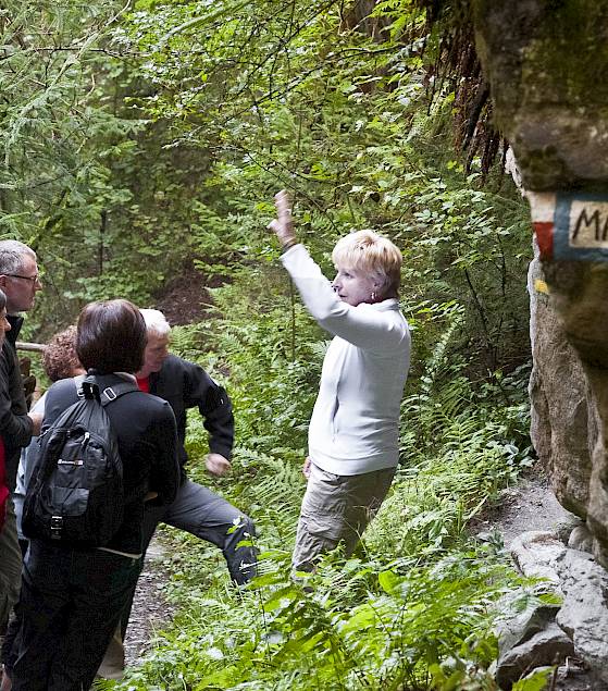Gruppe von Wanderern hört einem Führer bei der Mariengrotte im Wald zu.