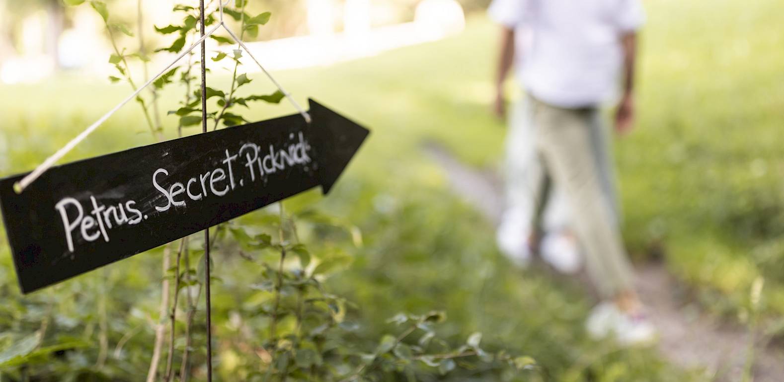 A hand-drawn sign reading "Petrus Secret Picknick" points towards a grassy pathway.