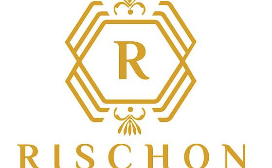Logo with a golden hexagon and the letter "R", ornate, below the name "Rischon".