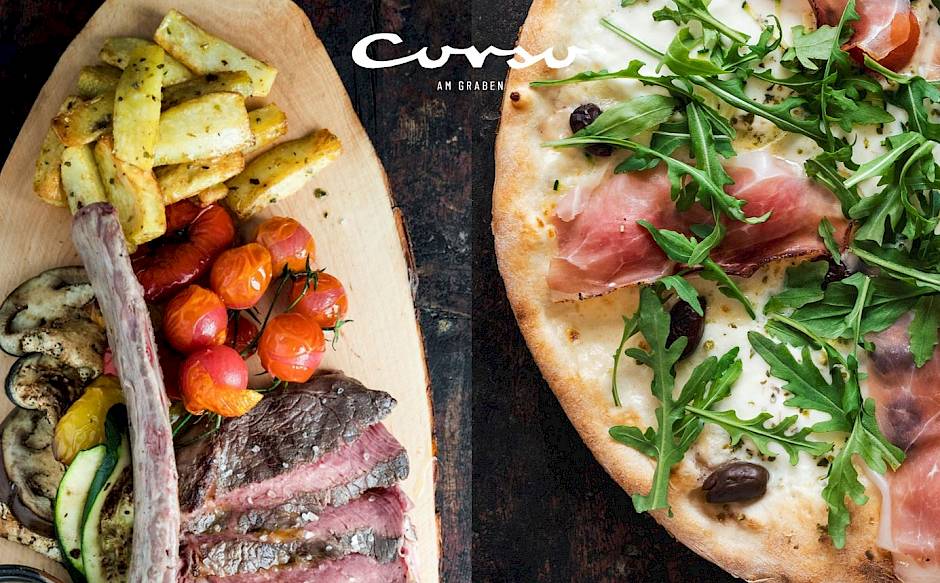 Left: steak with grilled vegetables. Right: pizza with prosciutto and arugula. Text above: “Curva.”