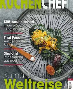 Titel eines Magazins mit kulinarischen Themen und Fokus auf internationale Küche, dekorativer Teller.