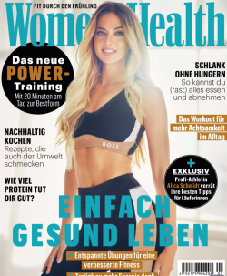 Frau in Sportkleidung auf dem Cover von Women's Health mit Gesundheits- und Fitnesstipps.