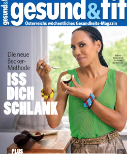 Frau mit Fitnesstracker isst in moderner Küche. Text: "Iss dich schlank" auf Magazincover.