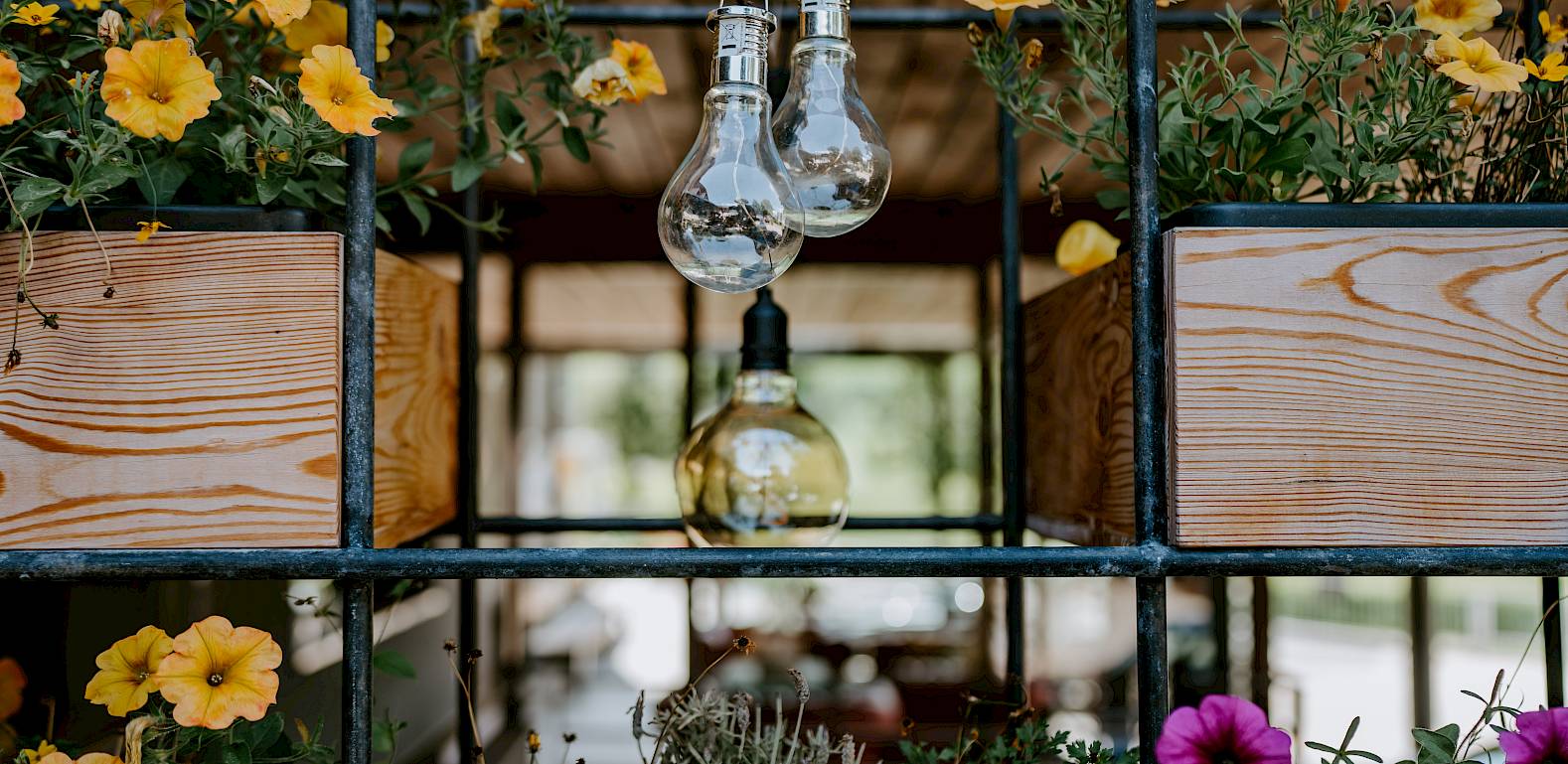 Scatole di legno con fiori gialli e lilla e lampadine pendenti in un moderno arredamento interno.